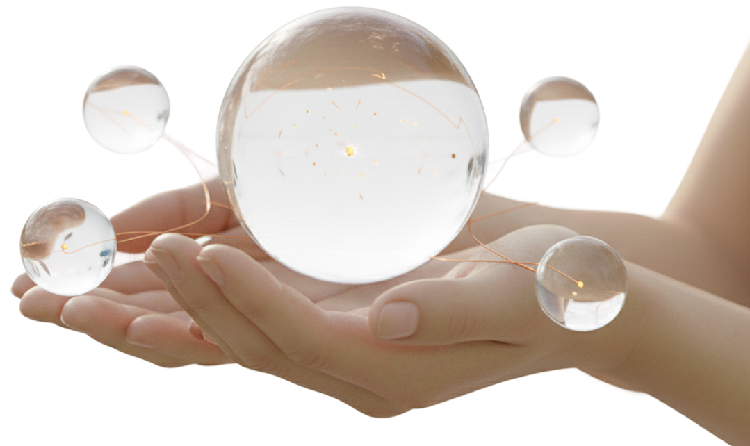 Hands holding water spheres